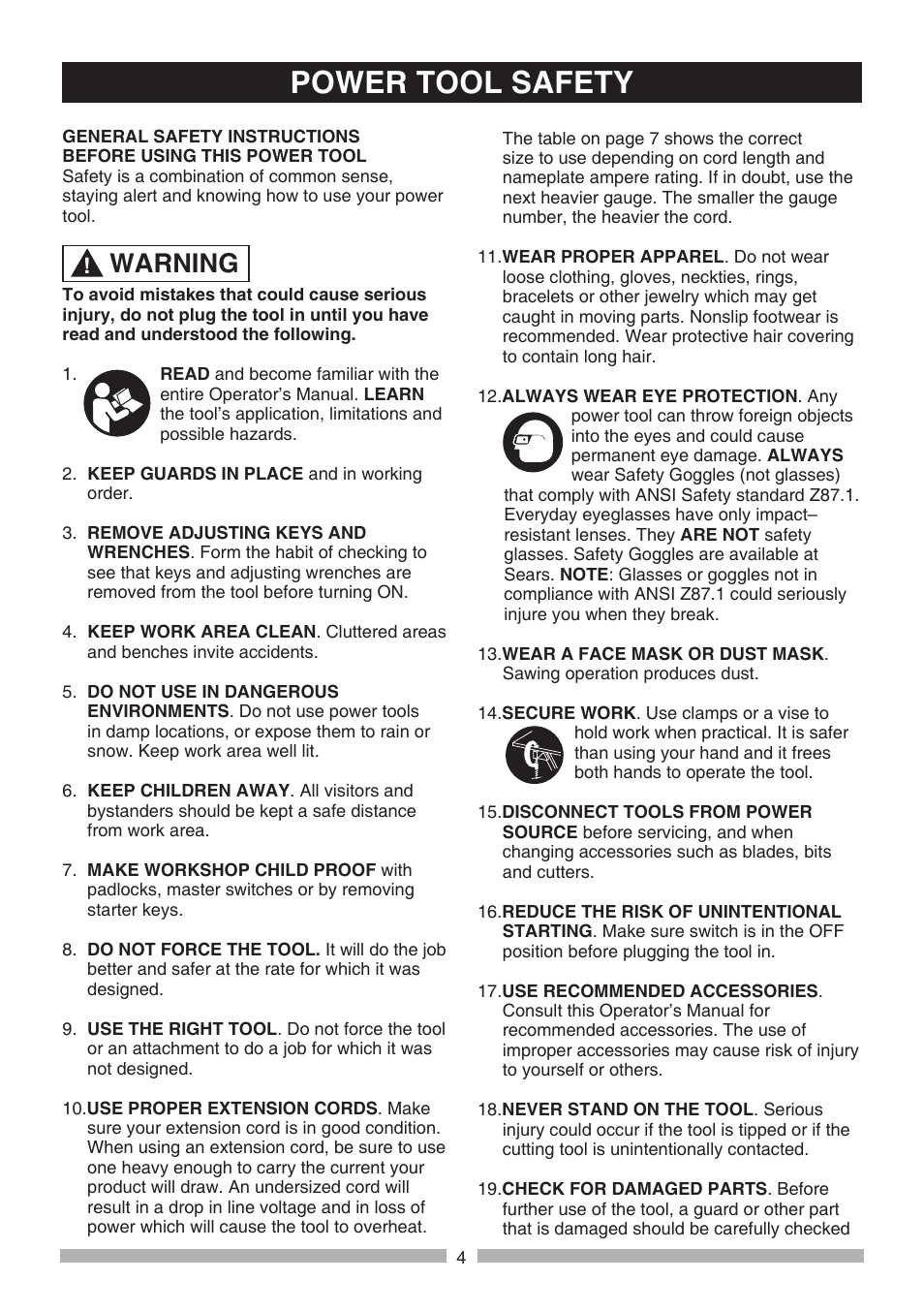 Power tool safety, Warning | Craftsman 137.21236 User Manual | Page 4 / 29