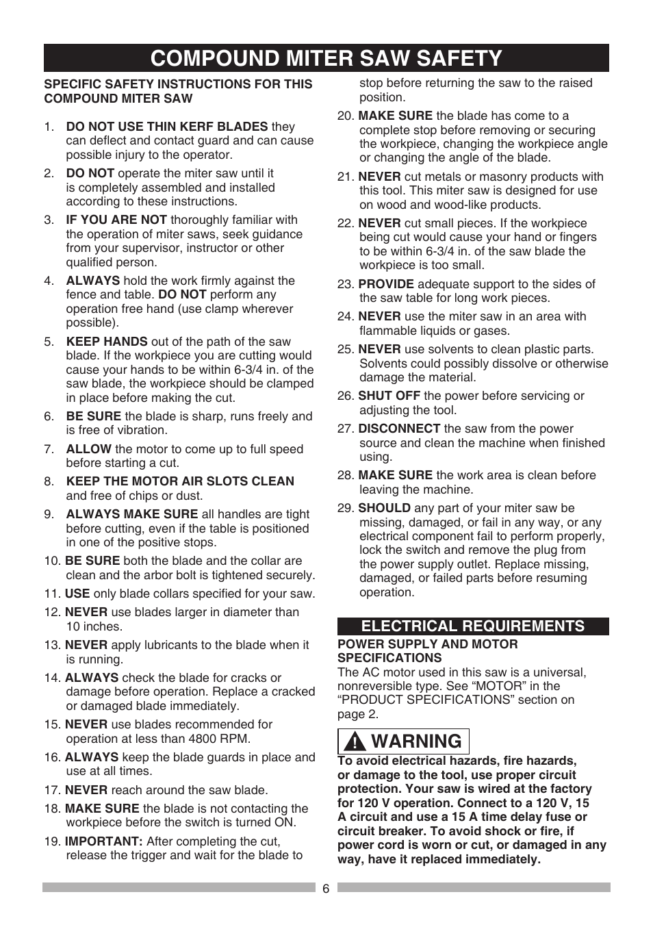 Compound miter saw safety, Warning, Electrical requirements | Craftsman 137.21236 User Manual | Page 6 / 29