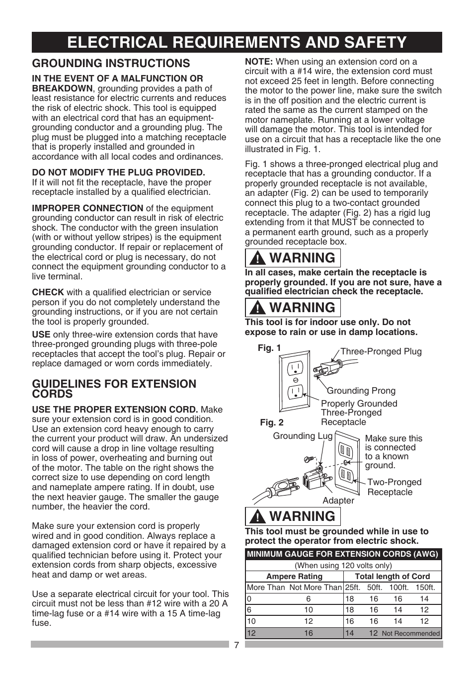 Electrical requirements and safety, Warning, Grounding instructions | Guidelines for extension cords | Craftsman 137.21236 User Manual | Page 7 / 29