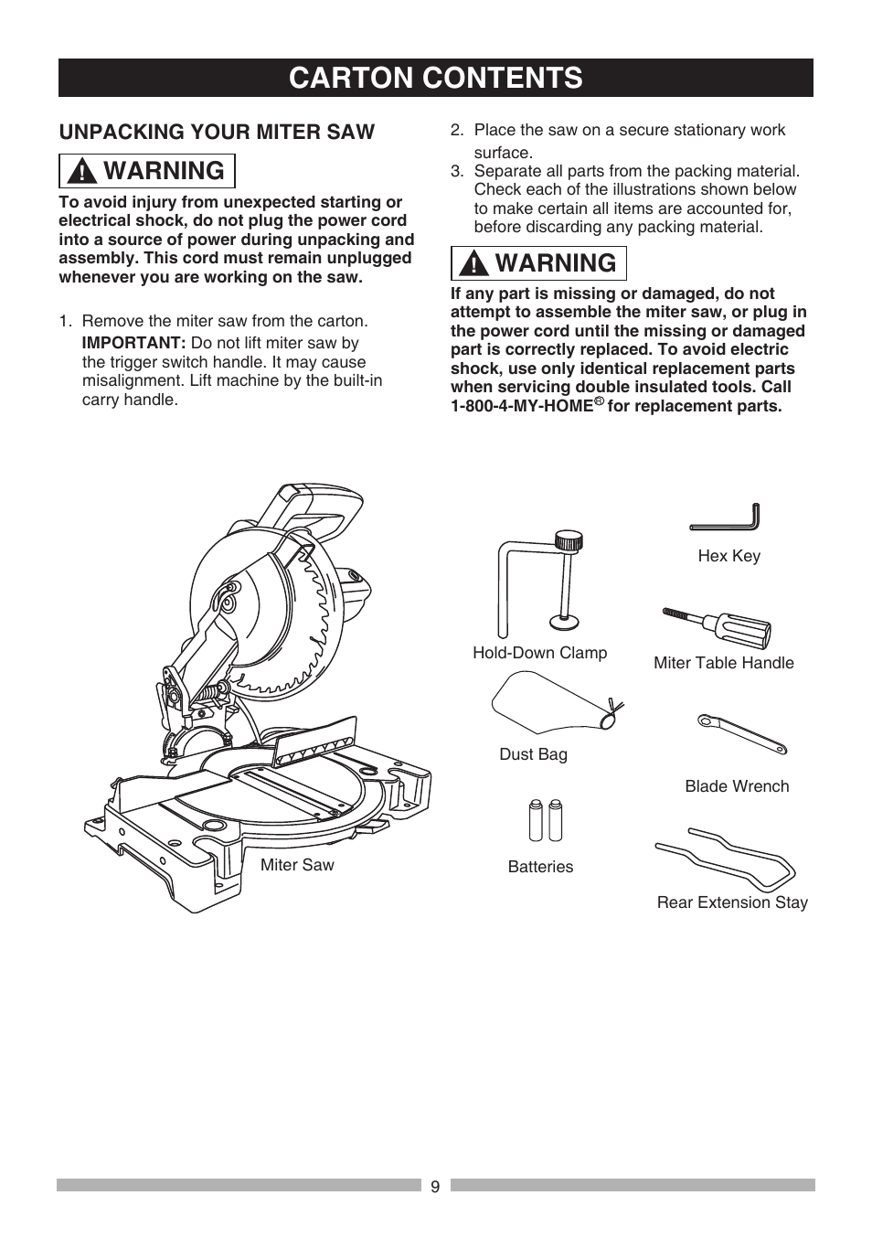 Carton contents, Warning | Craftsman 137.21236 User Manual | Page 9 / 29