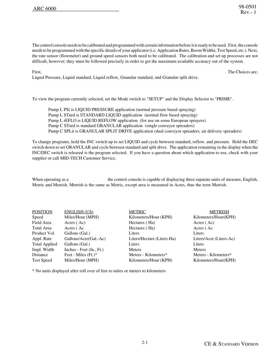 Calibration and set up, Changing the application program, English, metric or metrish units | Units for each position (liquid applicator only), Calibration and set up -1 | TeeJet ARC-6000 User Manual | Page 11 / 50