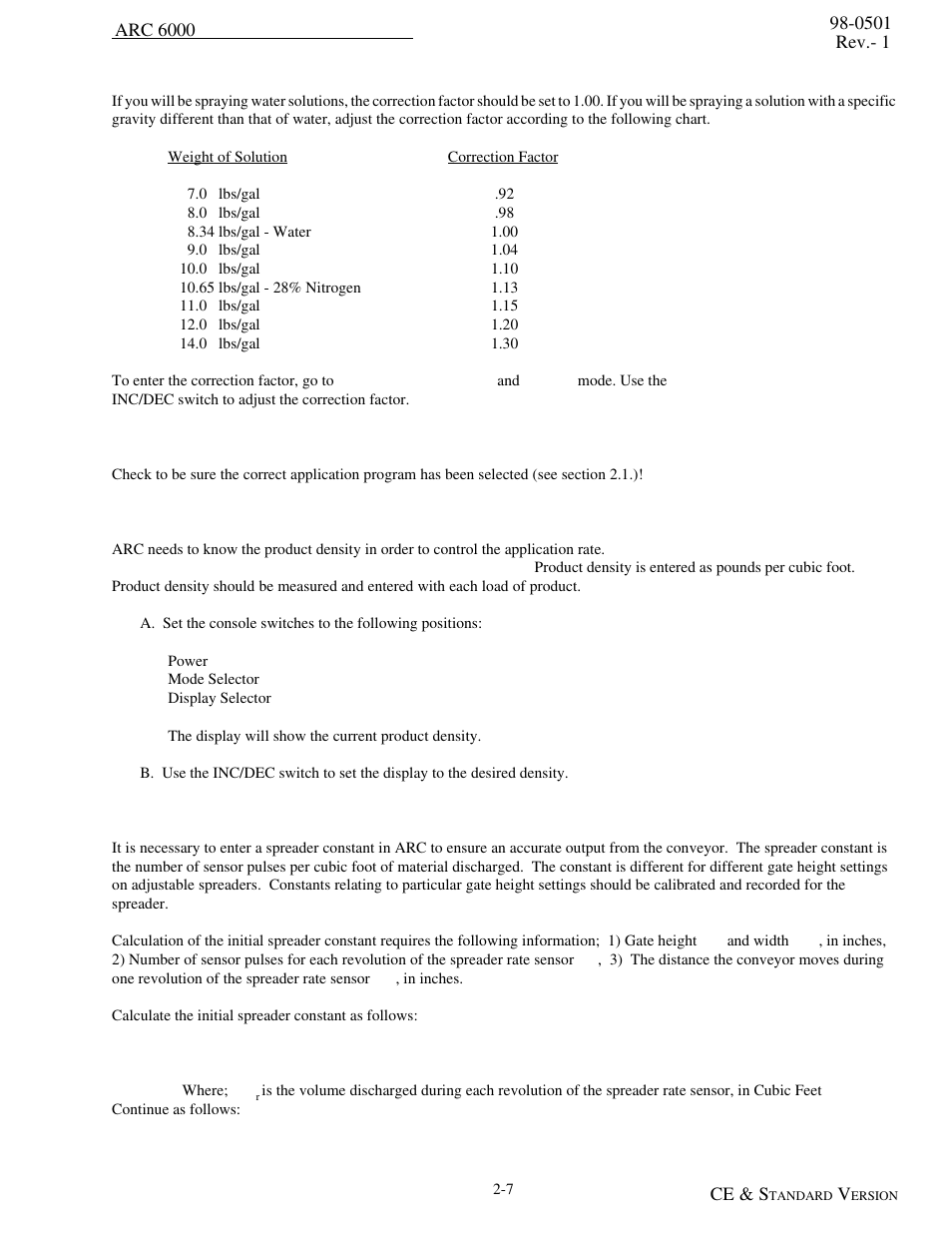 Setting the correction factor (psi mode), Calibrating the granular application, Setting the product density | Calculating the initial calibration number, Setting the correction factor (psi mode) -7, Calibrating the granular application -7 | TeeJet ARC-6000 User Manual | Page 17 / 50