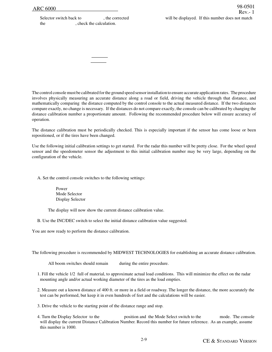 Distance calibration, ground speed sensor, Distance calibration procedure, Distance calibration, ground speed sensor -9 | TeeJet ARC-6000 User Manual | Page 19 / 50