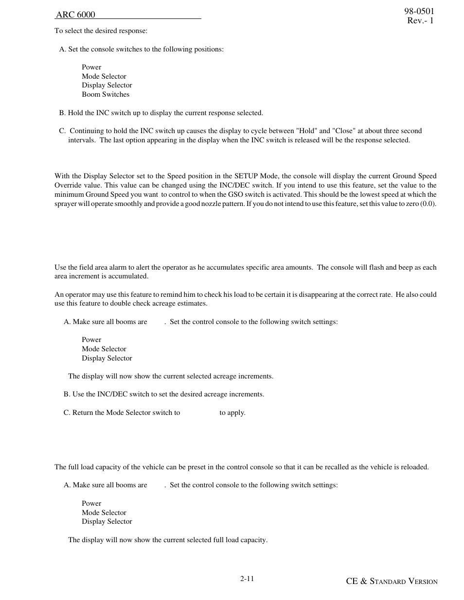 Setting the ground speed override (gso) value, Setting the field area alarm, Product volume (full load capacity) | Setting the full load capacity, Setting the full load capacity -11 | TeeJet ARC-6000 User Manual | Page 21 / 50