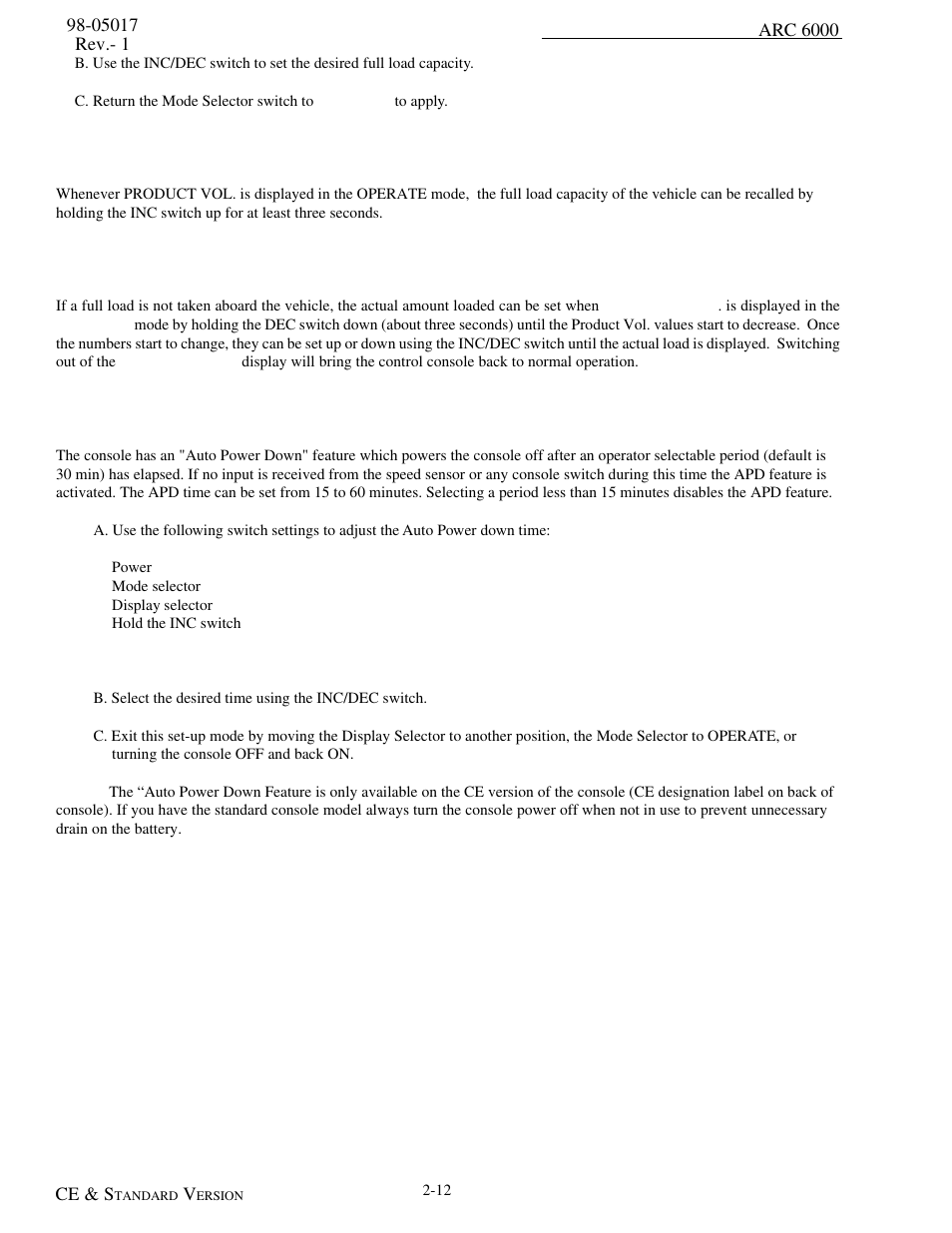 Recalling the full load capacity, Setting a load capacity less than full load, Setting auto power down time | Setting auto power down time -12 | TeeJet ARC-6000 User Manual | Page 22 / 50
