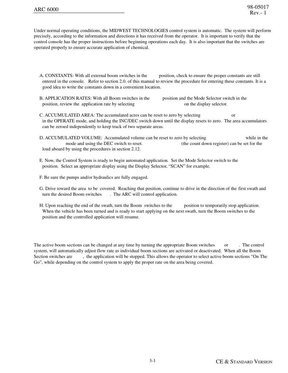 Operation, Normal start up and operation, Changing active boom sections | Operation -1 | TeeJet ARC-6000 User Manual | Page 23 / 50