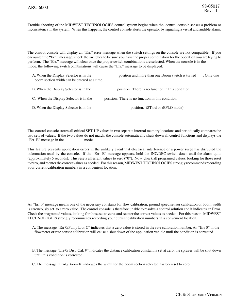 Trouble shooting the arc system, Error message "err.", invalid setup procedure, Error message "err e", invalid memory | Trouble shooting the arc system -1 | TeeJet ARC-6000 User Manual | Page 29 / 50