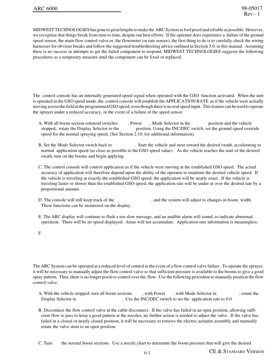 Emergency operations, Ground speed sensor failure, Flow control valve failure (liquid applicator) | Emergency operations -1 | TeeJet ARC-6000 User Manual | Page 33 / 50
