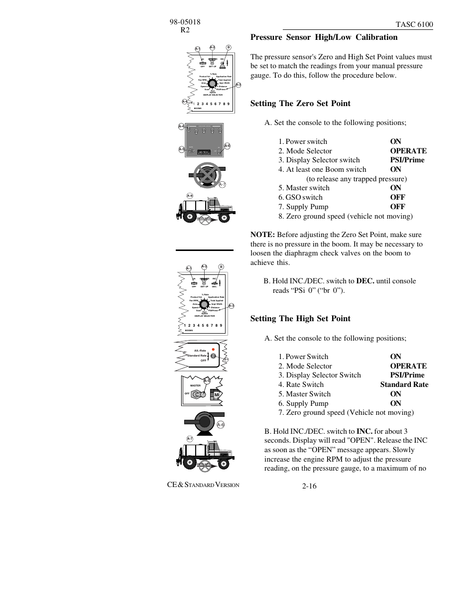 Pressure sensor high/low calibration, Setting the zero set point, Setting the high set point | Mt 1000 | TeeJet TASC-6100 User Manual | Page 32 / 86