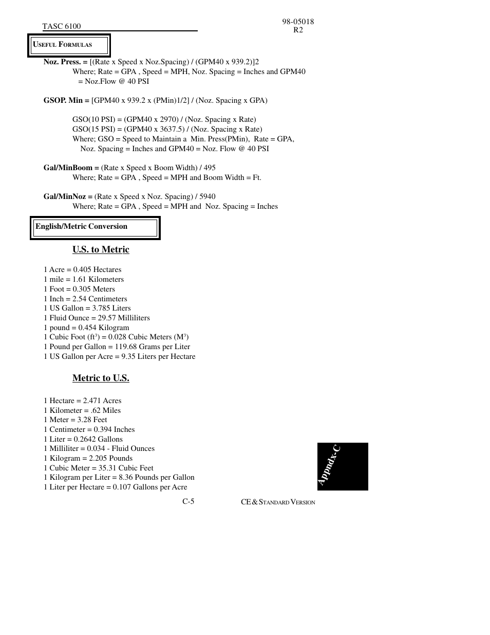 Appndx-c, U.s. to metric, Metric to u.s | TeeJet TASC-6100 User Manual | Page 85 / 86