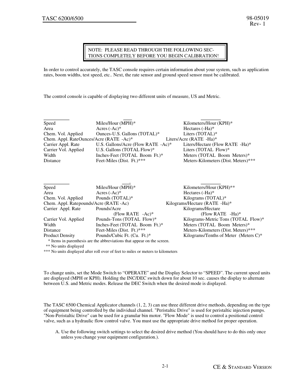 0 calibration and set up, 1 u.s. or metric units, 3 changing units | 0 calibration and set up -1, 1 u.s. or metric units -1 | TeeJet TASC-6500 User Manual | Page 11 / 50