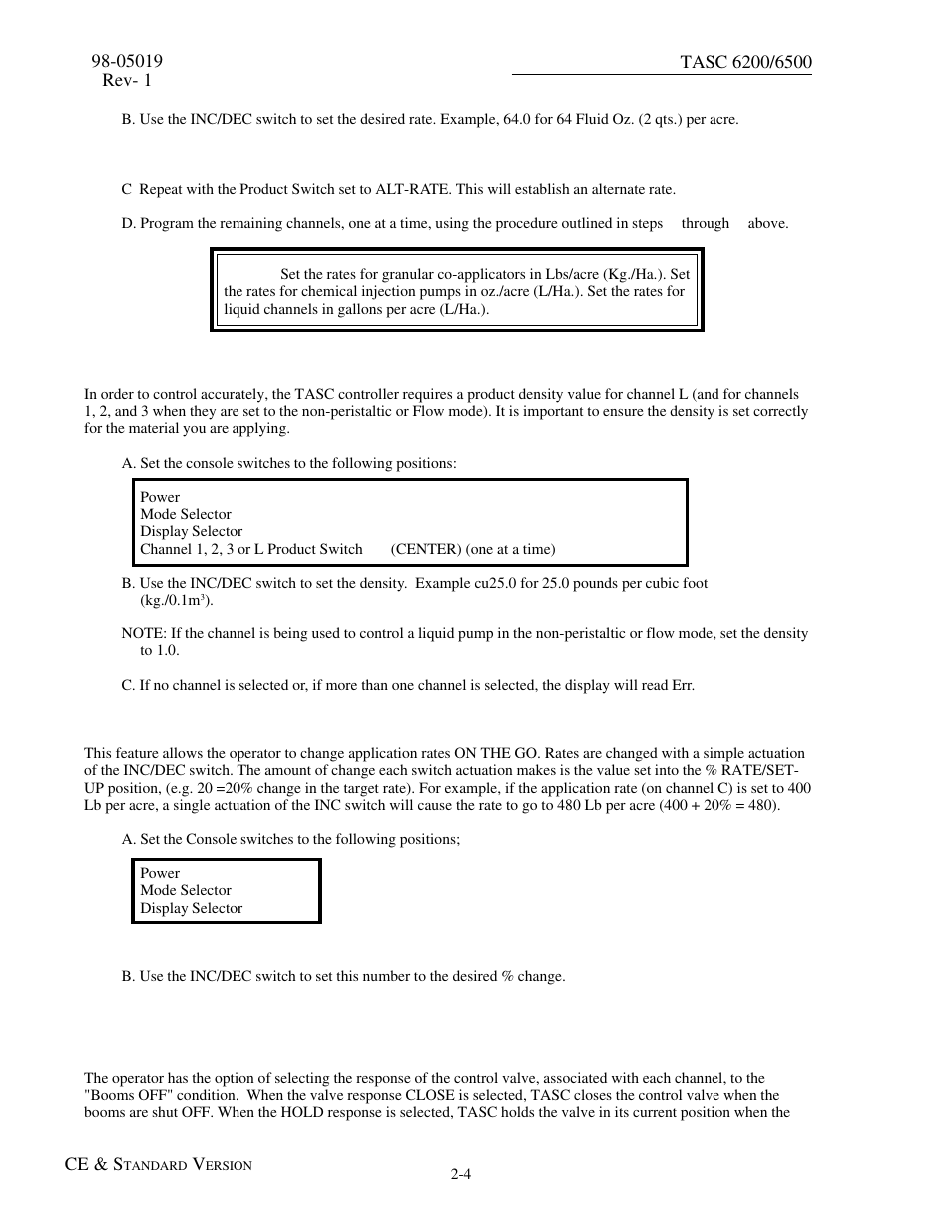 4 setting product density, channels 1, 2, 3 and l, 5 setting the % rate change | TeeJet TASC-6500 User Manual | Page 14 / 50