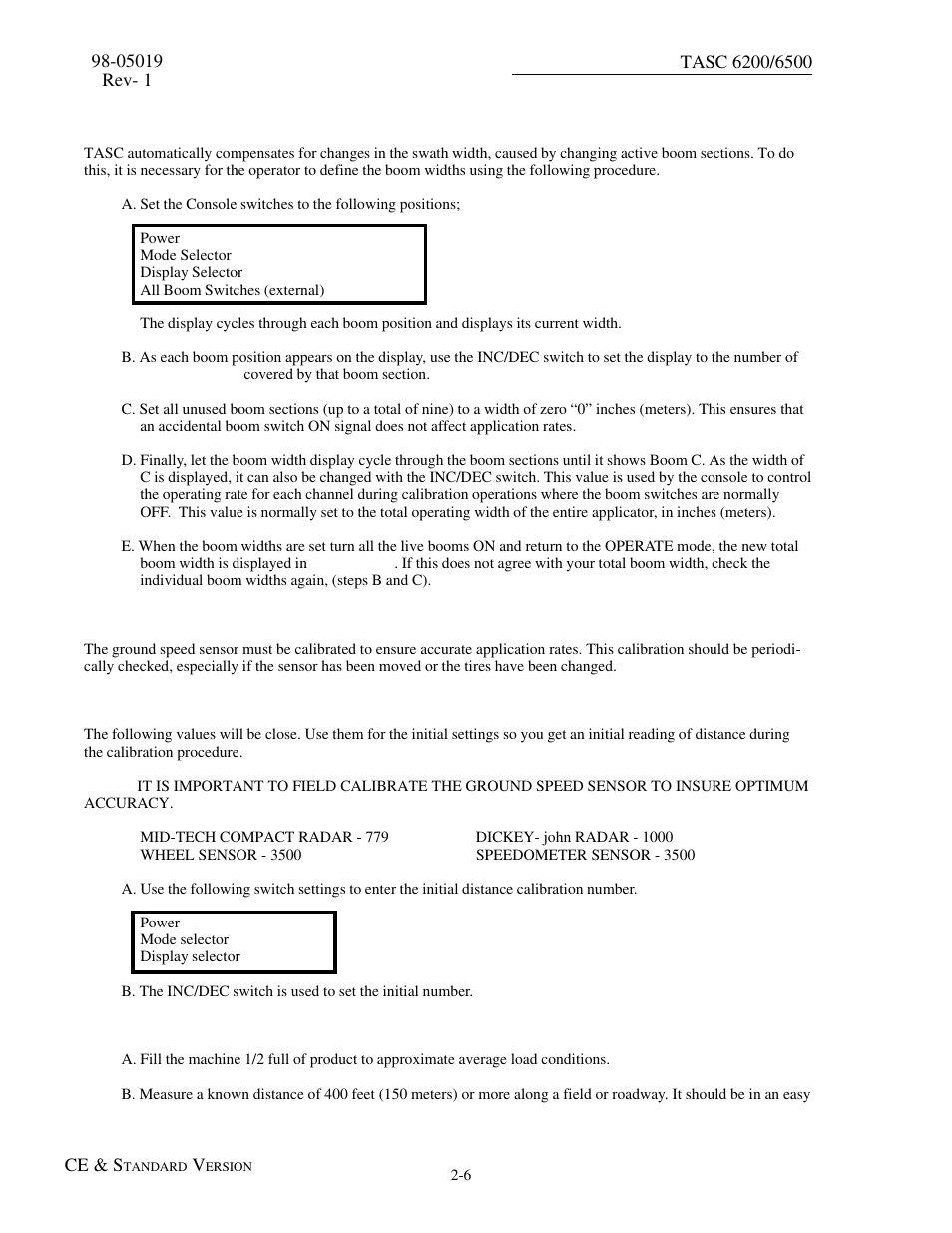 9 setting boom widths, 10 distance calibration, 1 initial calibration settings | 2 distance calibration procedure, 10 distance calibration -6 | TeeJet TASC-6500 User Manual | Page 16 / 50