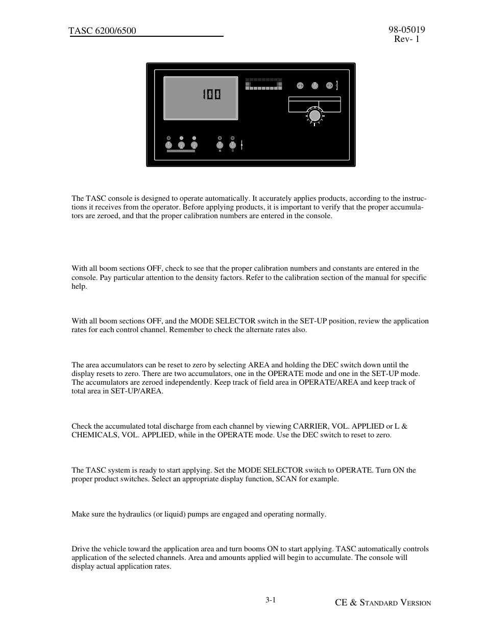 0 operation, 1 normal start up and operation, 1 calibration numbers and constants | 2 application rates, 3 accumulated area, 4 accumulated amounts, 5 operate, 6 check the vehicle, 7 start applying, 0 operation -1 | TeeJet TASC-6500 User Manual | Page 25 / 50
