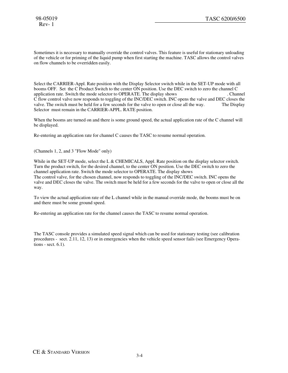 6 manual override of control valve, 1 override channel c control, 2 override channel l, 1, 2, & 3 | 7 setting test speed, 7 setting test speed -4 | TeeJet TASC-6500 User Manual | Page 28 / 50