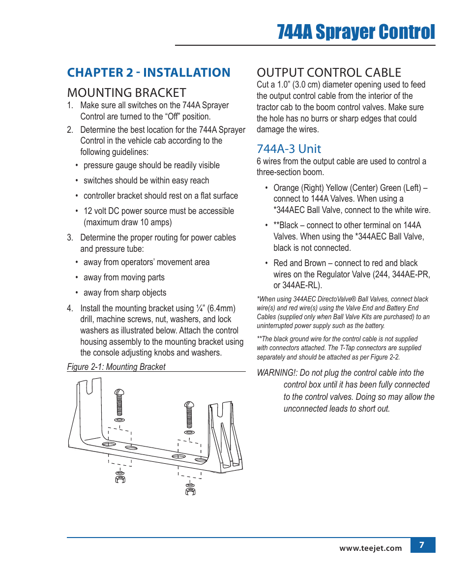 744a sprayer control, Chapter 2 - installation mounting bracket, Output control cable | 744a-3 unit | TeeJet 744A Sprayer Control User Manual | Page 10 / 14