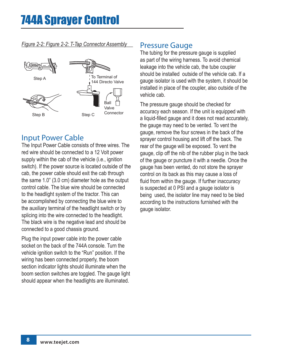 744a sprayer control, Input power cable, Pressure gauge | TeeJet 744A Sprayer Control User Manual | Page 11 / 14