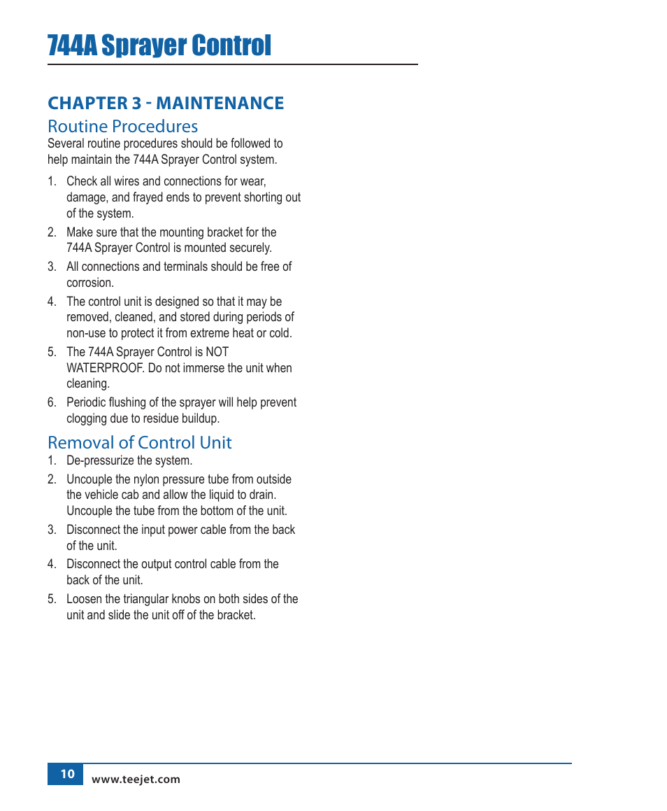 744a sprayer control, Chapter 3 - maintenance routine procedures, Removal of control unit | TeeJet 744A Sprayer Control User Manual | Page 13 / 14