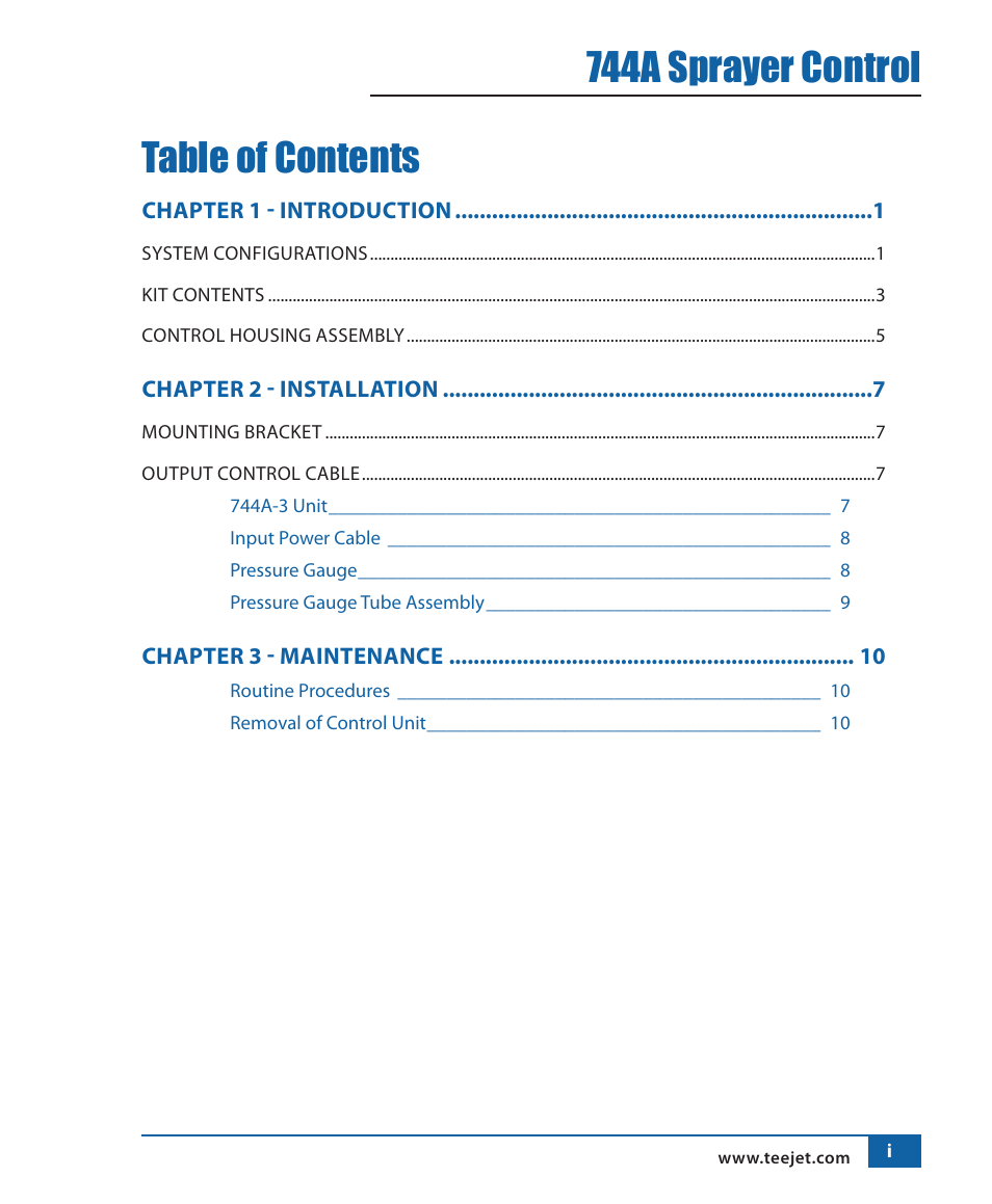 744a sprayer control table of contents | TeeJet 744A Sprayer Control User Manual | Page 2 / 14