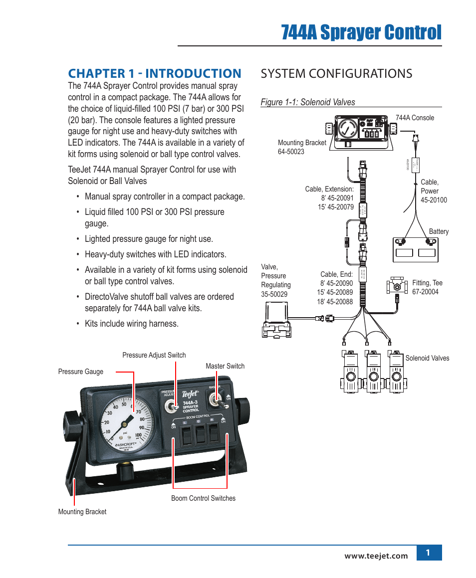 744a sprayer control, Chapter 1 - introduction, System configurations | Figure 1-1: solenoid valves | TeeJet 744A Sprayer Control User Manual | Page 4 / 14