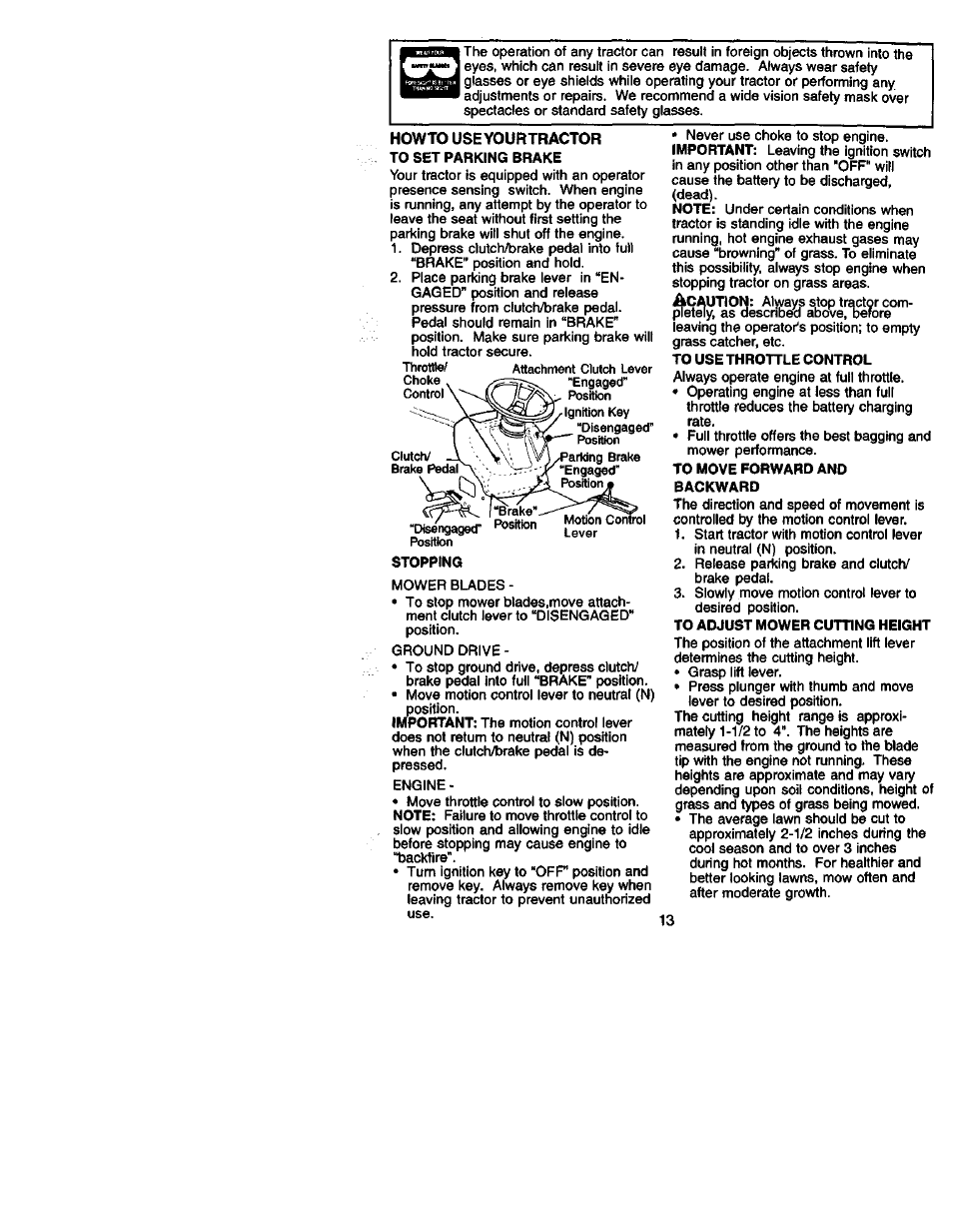 To move forward and backward, To adjust mower cutting height | Craftsman 917.272060 User Manual | Page 13 / 64