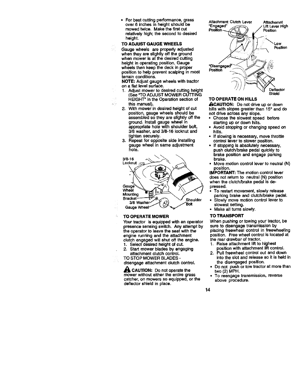 To adjust gauge wheels, To operate mower, To transport | Craftsman 917.272060 User Manual | Page 14 / 64