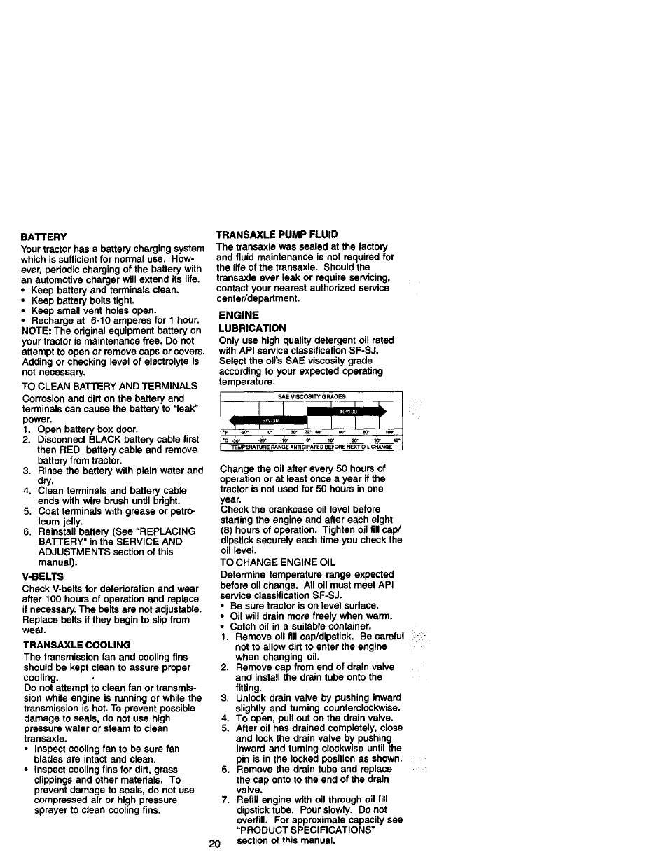 Battery, V-belts, Transaxle cooling | Transaxle pump fluid, Lubrication | Craftsman 917.272060 User Manual | Page 20 / 64