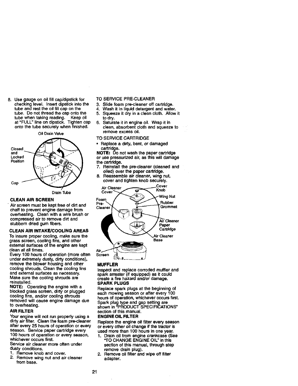 Clean air screen, Clean air intake/cooung areas, Afrrlter | Engine oil filter | Craftsman 917.272060 User Manual | Page 21 / 64