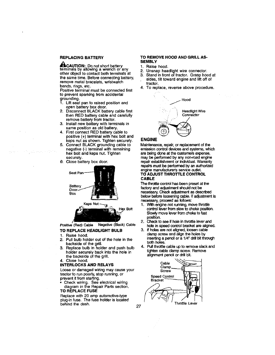 To remove hood and grill assembly, Interlocks and relays, To adjust throttle control cable | Craftsman 917.272060 User Manual | Page 27 / 64