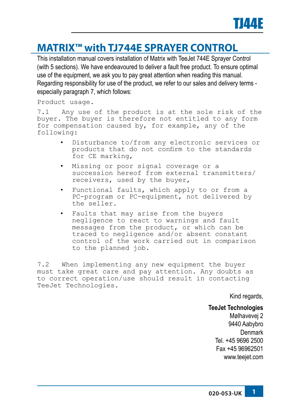 Tj44e, Matrix™ with tj744e sprayer control | TeeJet 744E AUTO BOOM SECTION CONTROL User Manual | Page 3 / 8