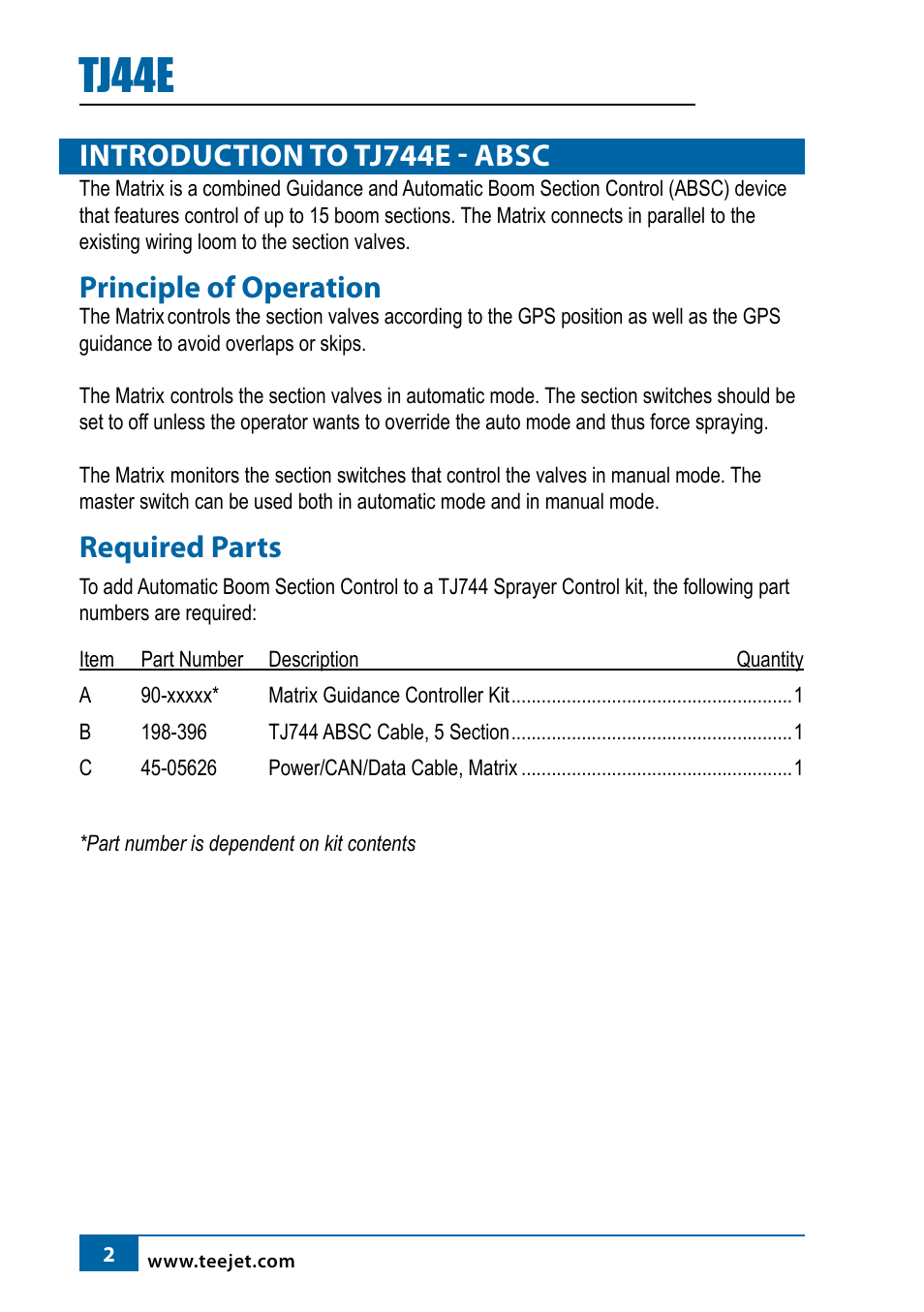 Tj44e, Introduction to tj744e - absc, Principle of operation | Required parts | TeeJet 744E AUTO BOOM SECTION CONTROL User Manual | Page 4 / 8