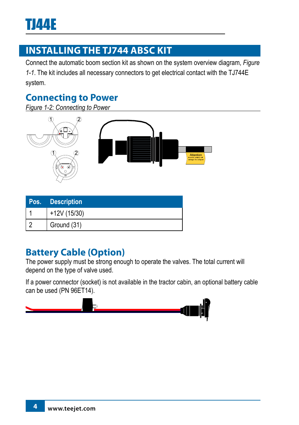 Tj44e, Installing the tj744 absc kit, Connecting to power | Battery cable (option) | TeeJet 744E AUTO BOOM SECTION CONTROL User Manual | Page 6 / 8