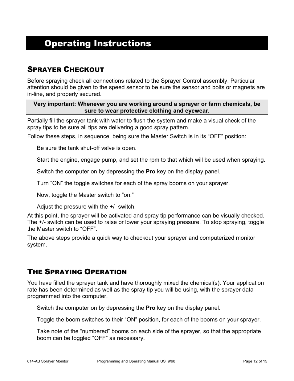 Operating instructions | TeeJet 814-AB Airblast Sprayer Monitor User Manual | Page 12 / 15