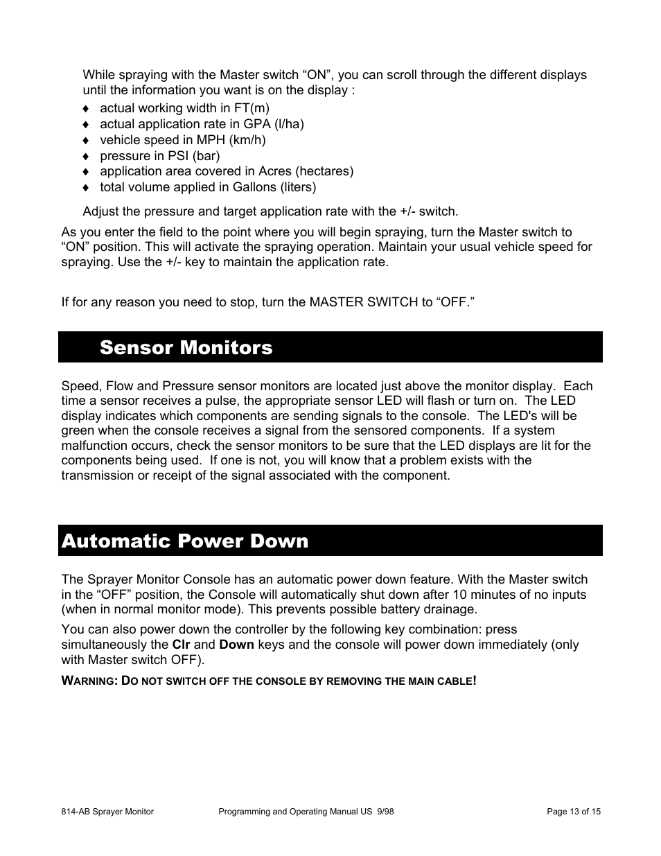 Sensor monitors, Automatic power down | TeeJet 814-AB Airblast Sprayer Monitor User Manual | Page 13 / 15