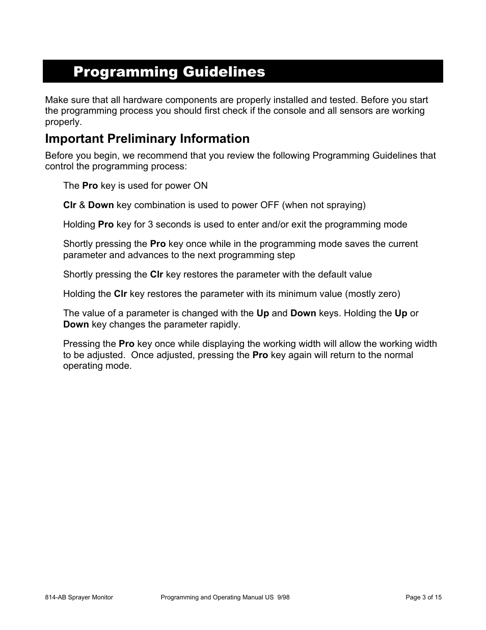 Programming guidelines | TeeJet 814-AB Airblast Sprayer Monitor User Manual | Page 3 / 15