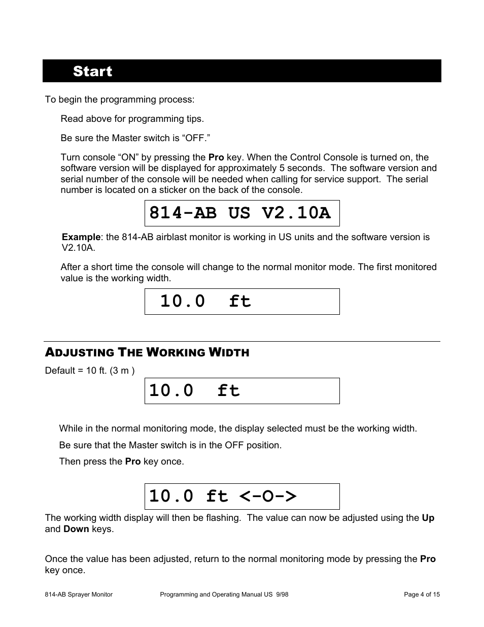 Ab us v2.10a, 0 ft, 0 ft <-o | Start | TeeJet 814-AB Airblast Sprayer Monitor User Manual | Page 4 / 15