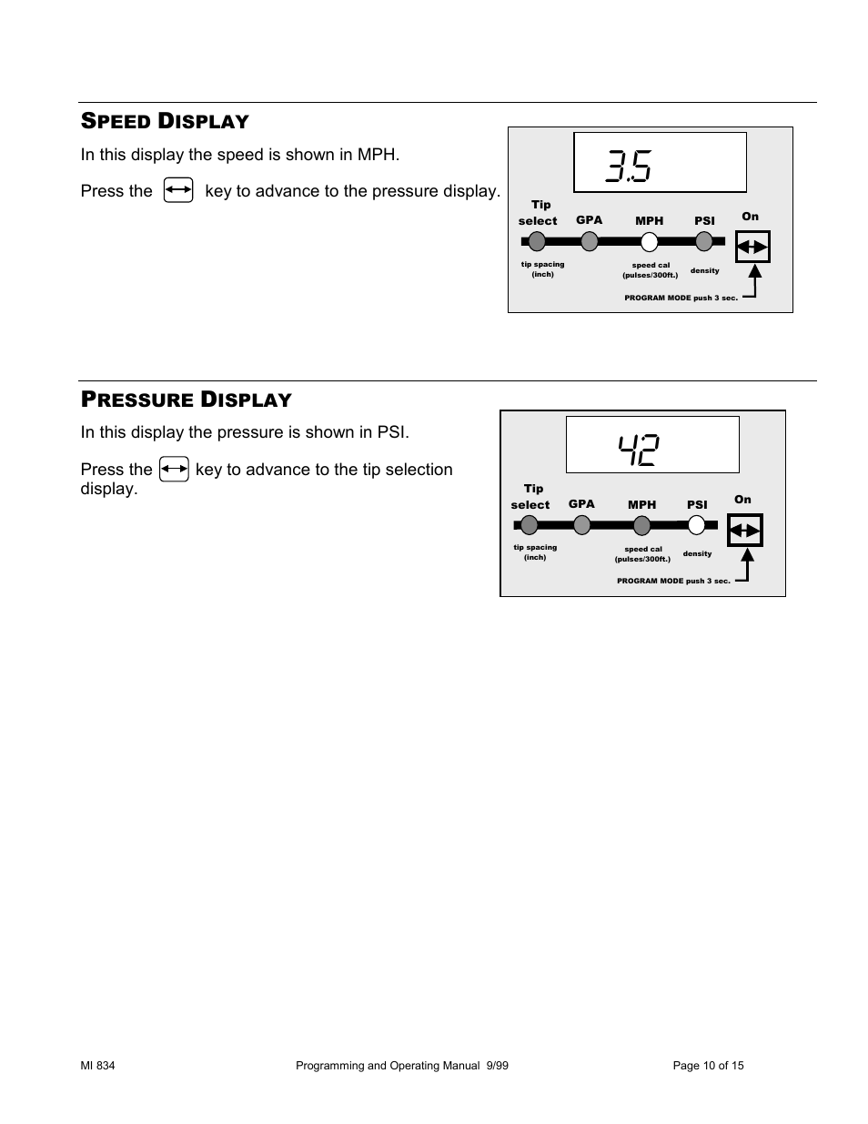 Peed, Isplay, Ressure | TeeJet 834 Sprayer Control User Manual | Page 10 / 15
