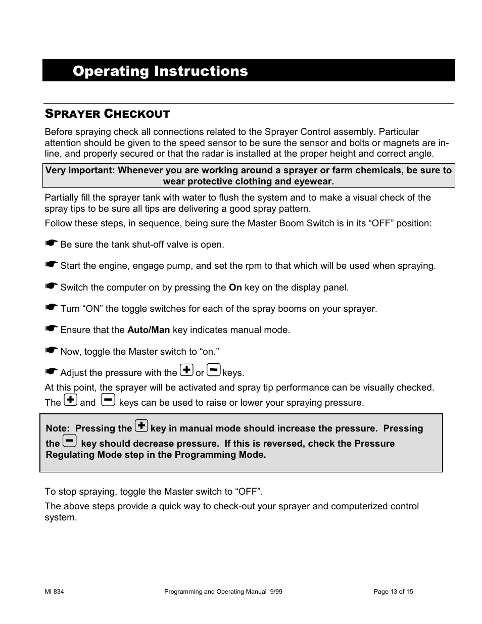 Operating instructions | TeeJet 834 Sprayer Control User Manual | Page 13 / 15