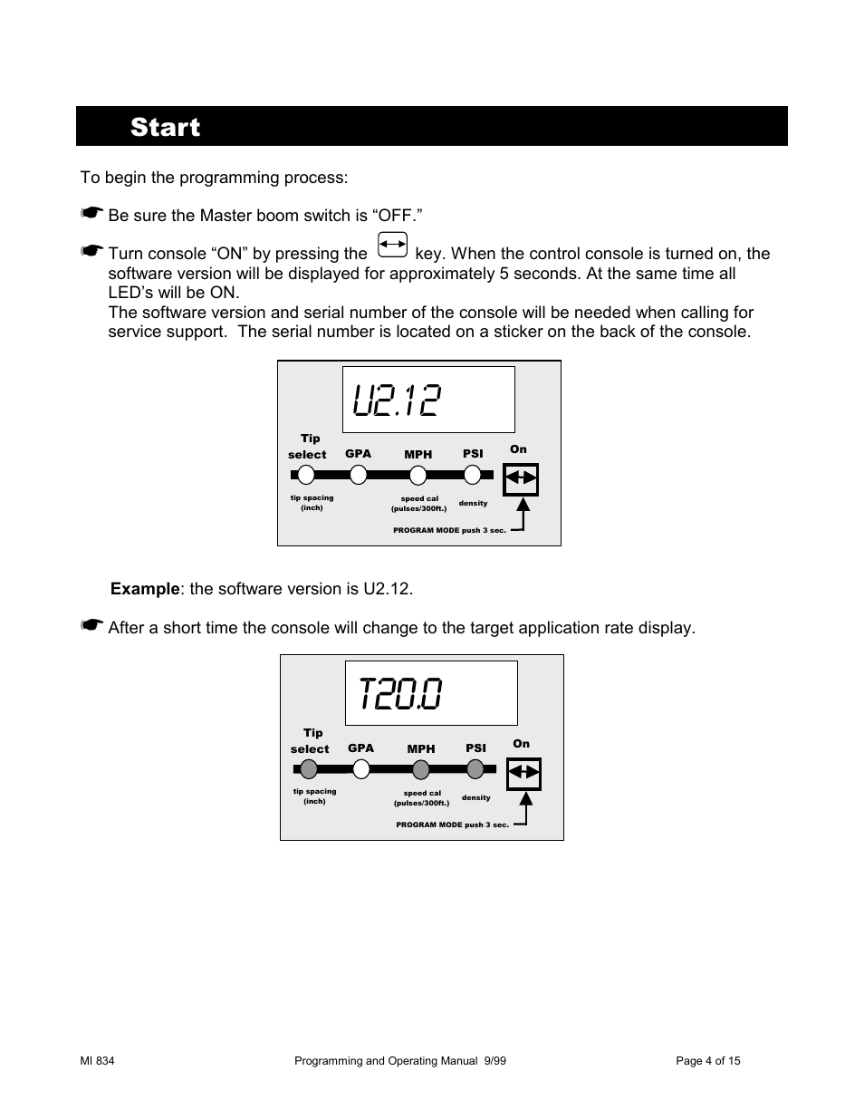 U2.12, T20.0, Start | TeeJet 834 Sprayer Control User Manual | Page 4 / 15