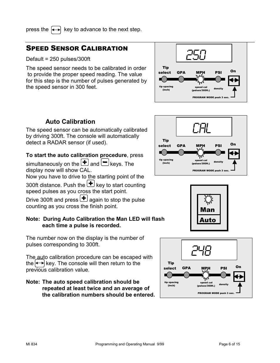 Auto calibration, Man auto, Peed | Ensor, Alibration | TeeJet 834 Sprayer Control User Manual | Page 6 / 15
