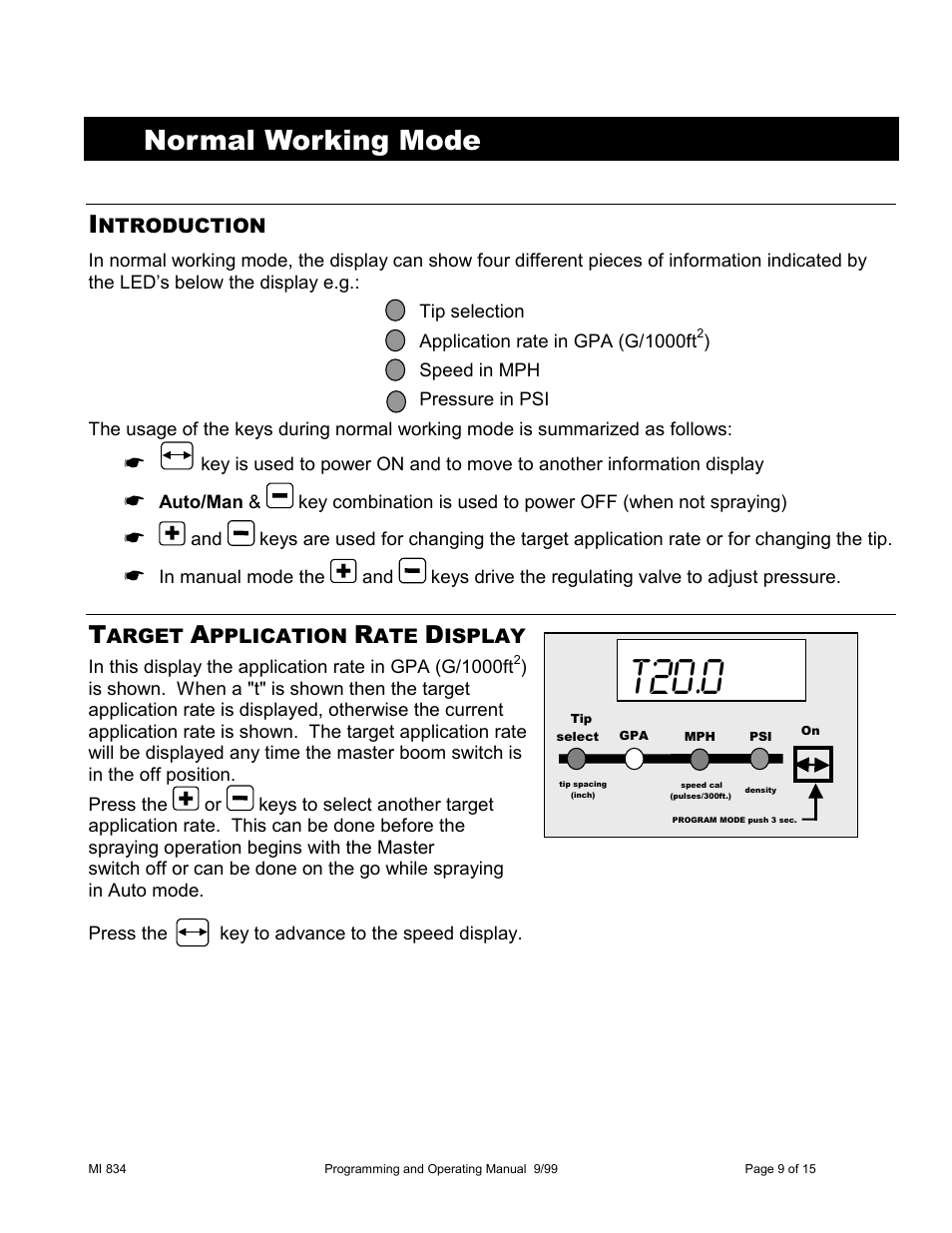 T20.0, Normal working mode | TeeJet 834 Sprayer Control User Manual | Page 9 / 15