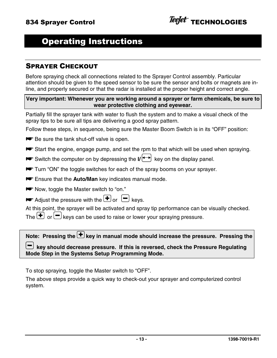 Operating instructions | TeeJet 834 Sprayer Control L2.12 User Manual | Page 13 / 15
