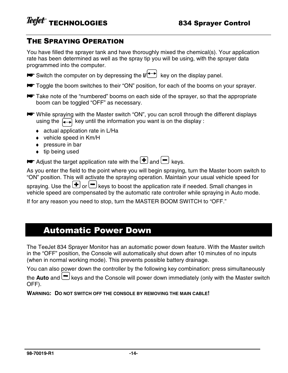 Automatic power down | TeeJet 834 Sprayer Control L2.12 User Manual | Page 14 / 15