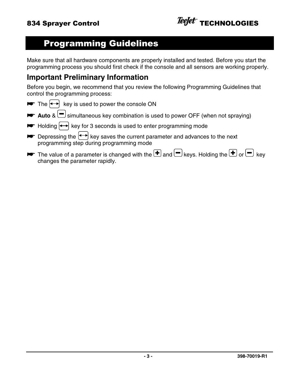 Programming guidelines | TeeJet 834 Sprayer Control L2.12 User Manual | Page 3 / 15