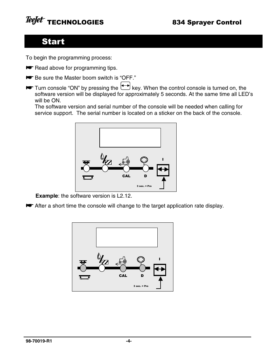 L2.12, T 50, Start | TeeJet 834 Sprayer Control L2.12 User Manual | Page 4 / 15
