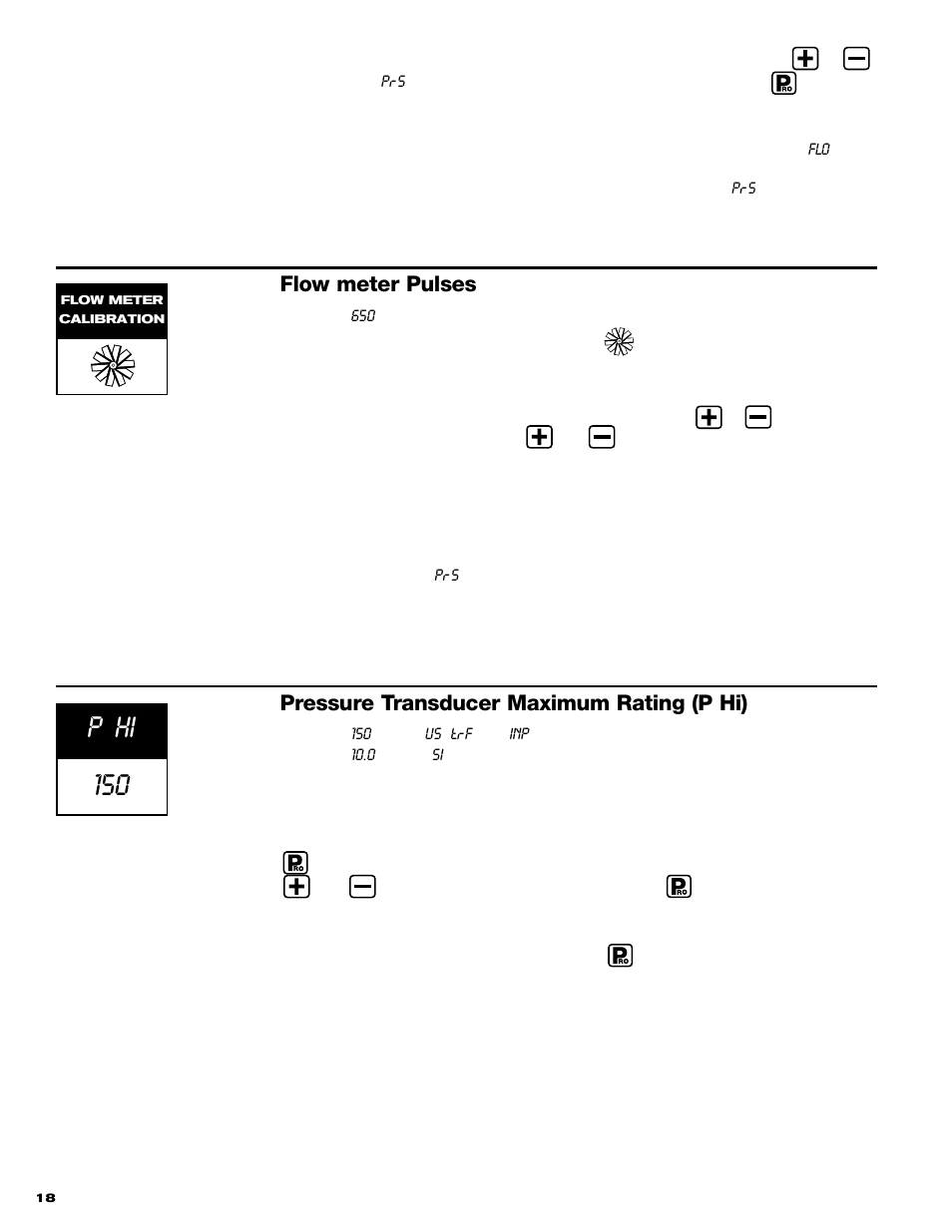 150 p hi, Flow meter pulses, Pressure transducer maximum rating (p hi) | TeeJet 844 Sprayer Control User Manual | Page 20 / 44