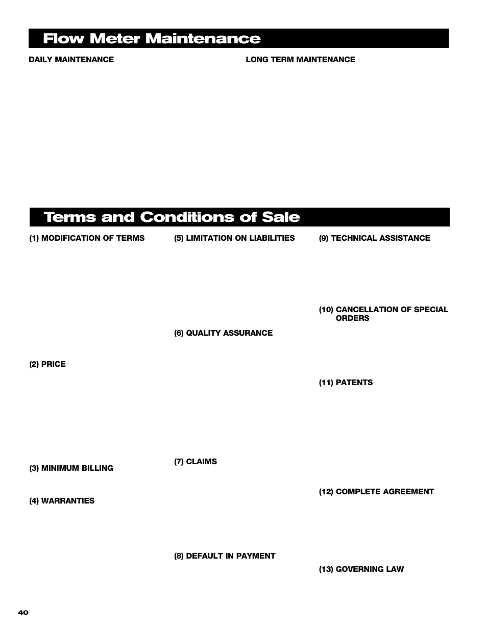 Terms and conditions of sale, Flow meter maintenance | TeeJet 844 Sprayer Control User Manual | Page 42 / 44