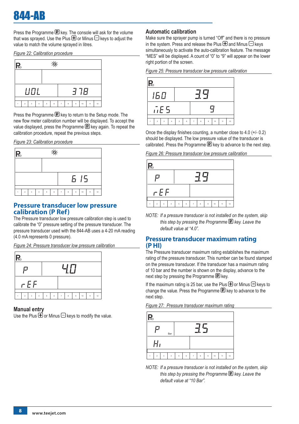 Uol 378, Pref, 160 mes | Pressure transducer maximum rating (p hi), Manual entry, Automatic calibration | TeeJet 844-AB Sprayer Control User Manual | Page 10 / 24