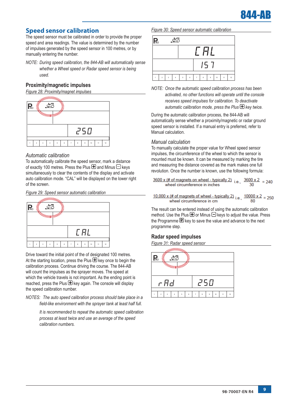 250 rad, Speed sensor calibration, Proximity/magnetic impulses | Automatic calibration, Manual calculation, Radar speed impulses | TeeJet 844-AB Sprayer Control User Manual | Page 11 / 24