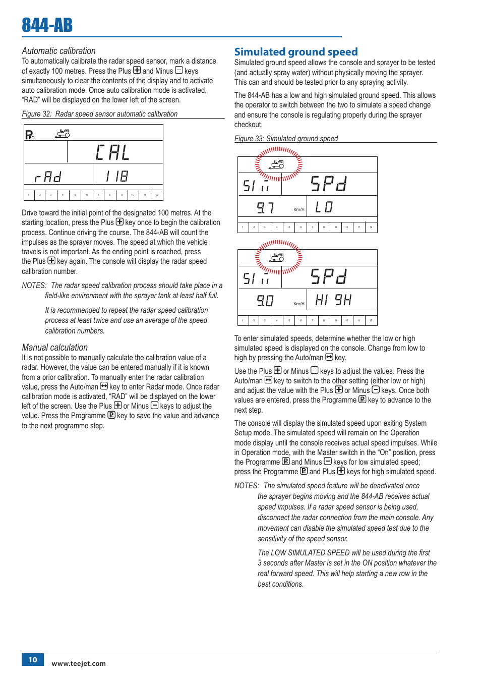 118 rad, Lo sim 9.7, High sim 9.0 | Simulated ground speed | TeeJet 844-AB Sprayer Control User Manual | Page 12 / 24